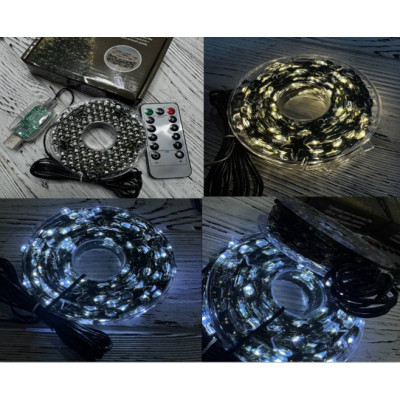 Гирлянда роса на котушке 500LED 50m на USB с пультом 8 режимов ,зеленый провод /теплый,холодный 0403
