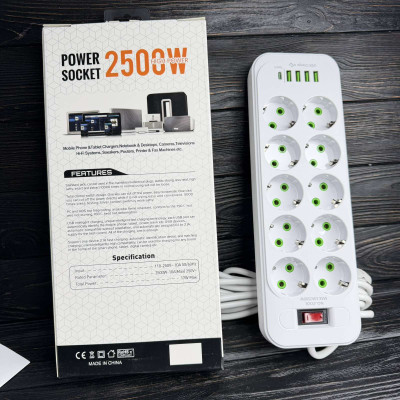 Сетевой удлинитель/фильтр/резветлитель (PNS-02/D10) (5м, LED, 10-220V, 4-USB, 1-PD (Type-C) 